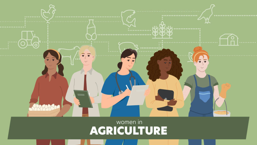 An illustration of women who work in the agriculture and farm animal field. The text on a banner in front of the women says "Women in Agriculture".